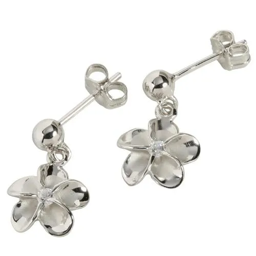 Sterling Silver Rhodium Plated Bead Drop 10mm Plumeria with CZ Post Earrings