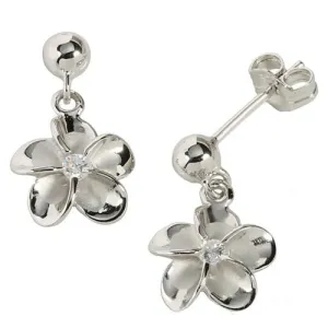 Sterling Silver Rhodium Plated Bead Drop 10mm Plumeria with CZ Post Earrings