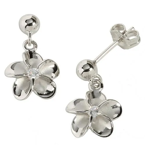 Sterling Silver Rhodium Plated Bead Drop 10mm Plumeria with CZ Post Earrings