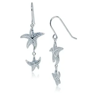 Sterling Silver Rhodium Plated Double Starfish Pave CZ Hook Earrings