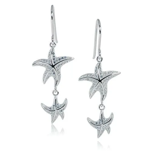Sterling Silver Rhodium Plated Double Starfish Pave CZ Hook Earrings