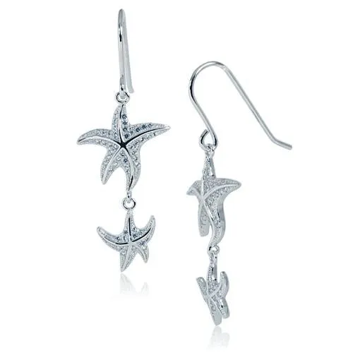 Sterling Silver Rhodium Plated Double Starfish Pave CZ Hook Earrings