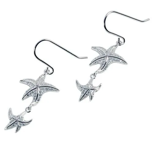 Sterling Silver Rhodium Plated Double Starfish Pave CZ Hook Earrings