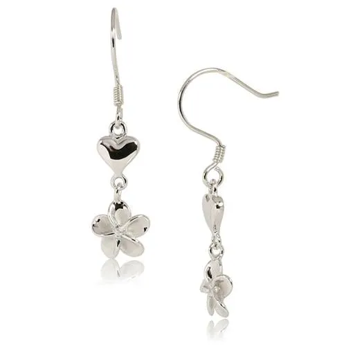 Sterling Silver Rhodium Plated Heart/Plumeria with CZ Hook Earrings