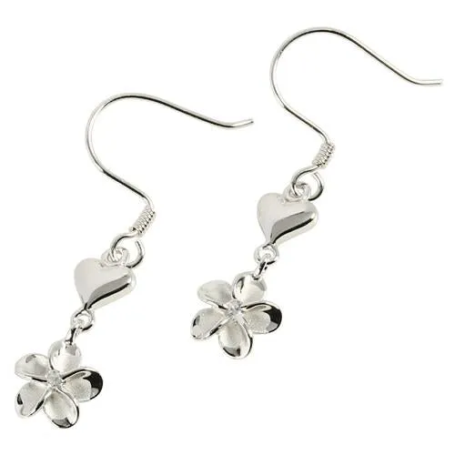 Sterling Silver Rhodium Plated Heart/Plumeria with CZ Hook Earrings