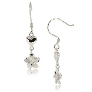 Sterling Silver Rhodium Plated Heart/Plumeria with CZ Hook Earrings
