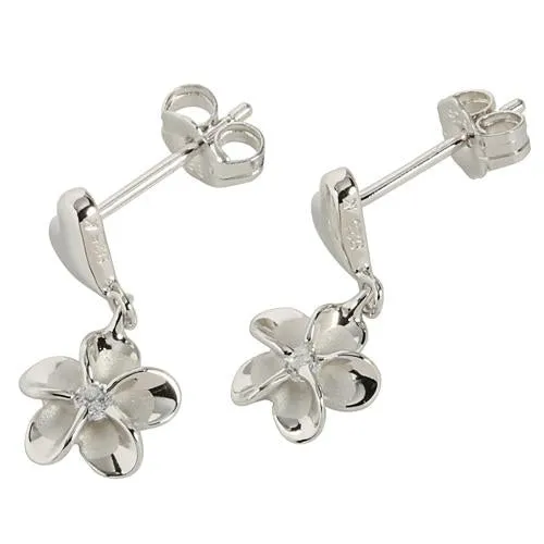 Sterling Silver Rhodium Plated Heart/Plumeria with CZ Post Earrings