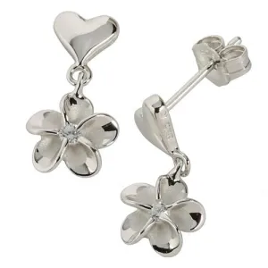 Sterling Silver Rhodium Plated Heart/Plumeria with CZ Post Earrings