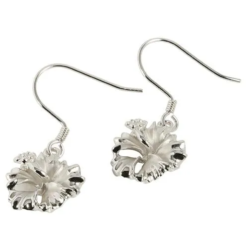 Sterling Silver Rhodium Plated Hibiscus Hook Earrings (12mm/15mm)