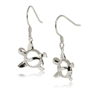 Sterling Silver Rhodium Plated Honu (Hawaiian Turtle) Hook Earrings