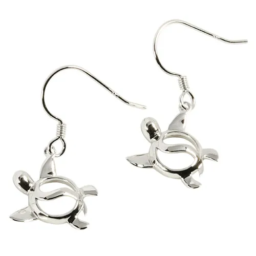 Sterling Silver Rhodium Plated Honu (Hawaiian Turtle) Hook Earrings