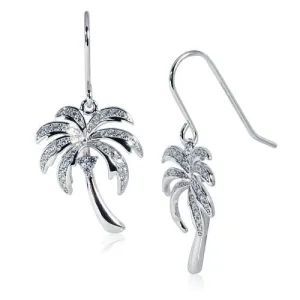 Sterling Silver Rhodium Plated Palm Tree Pave CZ Hook Earrings