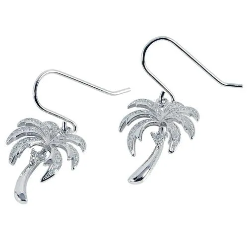 Sterling Silver Rhodium Plated Palm Tree Pave CZ Hook Earrings