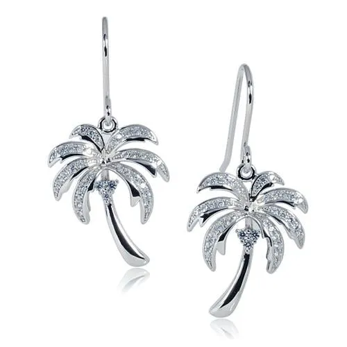 Sterling Silver Rhodium Plated Palm Tree Pave CZ Hook Earrings