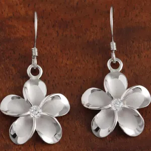 Sterling Silver Rhodium Plated Plumeria with CZ Hook Earrings (8-18mm)