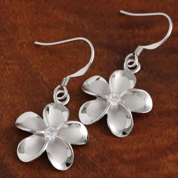 Sterling Silver Rhodium Plated Plumeria with CZ Hook Earrings (8-18mm)