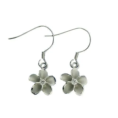 Sterling Silver Rhodium Plated Plumeria with CZ Hook Earrings (8-18mm)