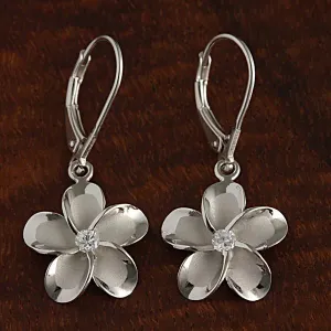 Sterling Silver Rhodium Plated Plumeria with CZ Lever Back Earrings (8-18mm)