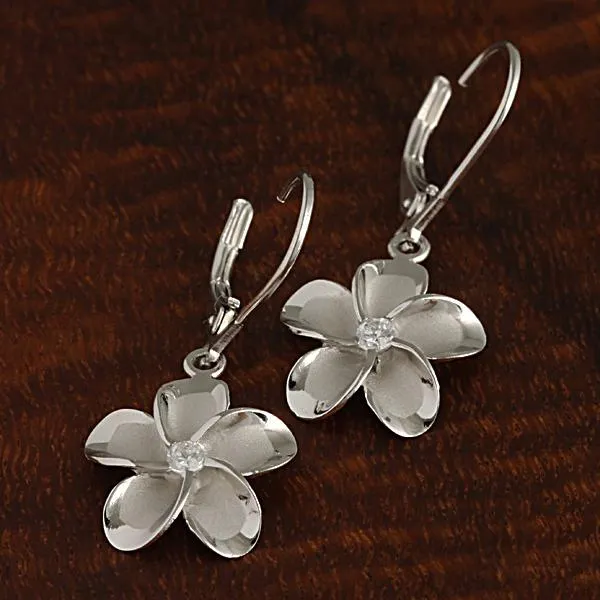 Sterling Silver Rhodium Plated Plumeria with CZ Lever Back Earrings (8-18mm)