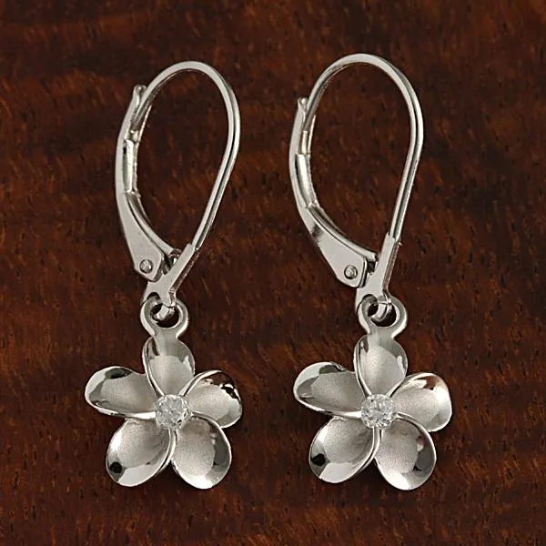 Sterling Silver Rhodium Plated Plumeria with CZ Lever Back Earrings (8-18mm)