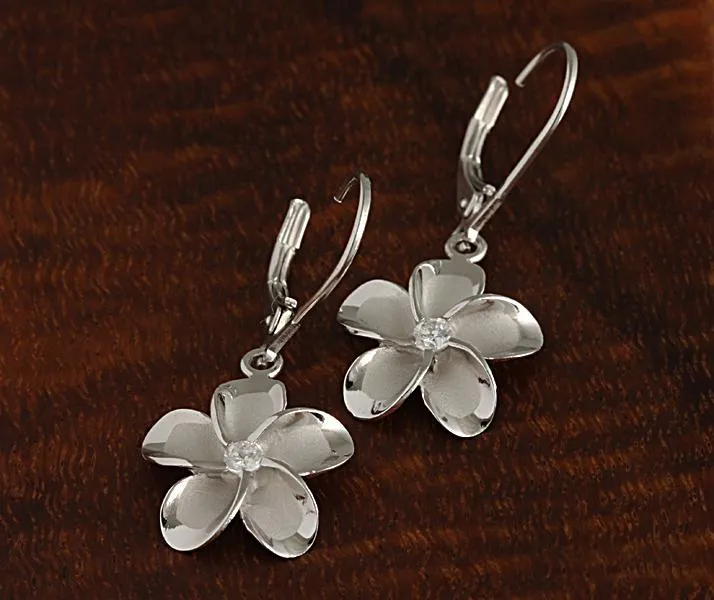 Sterling Silver Rhodium Plated Plumeria with CZ Lever Back Earrings (8-18mm)