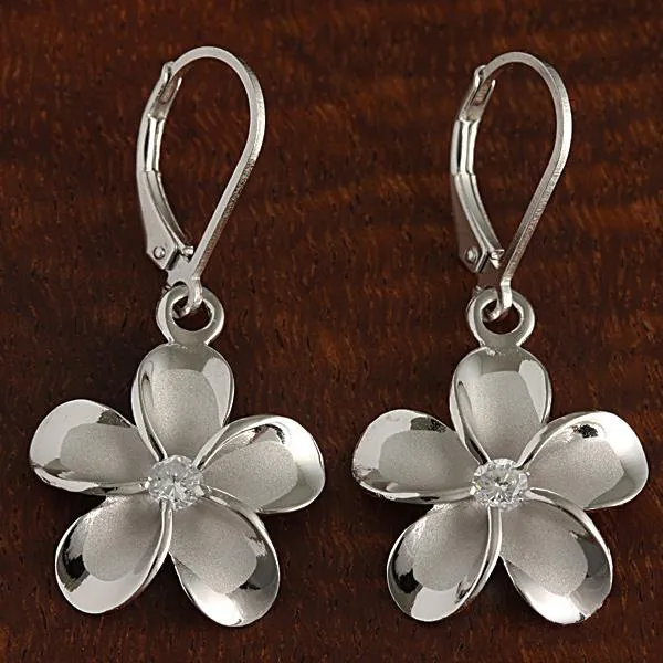 Sterling Silver Rhodium Plated Plumeria with CZ Lever Back Earrings (8-18mm)