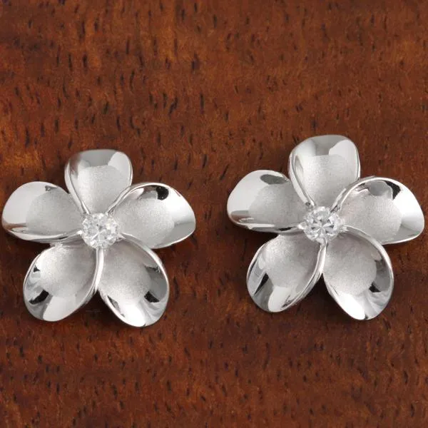 Sterling Silver Rhodium Plated Plumeria with CZ Post Earrings (8-18mm)