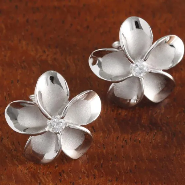 Sterling Silver Rhodium Plated Plumeria with CZ Post Earrings (8-18mm)
