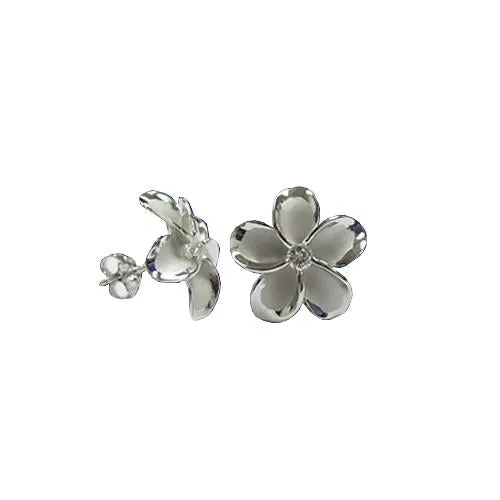 Sterling Silver Rhodium Plated Plumeria with CZ Post Earrings (8-18mm)