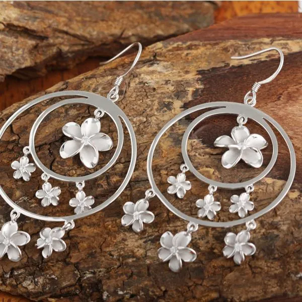 Sterling Silver Rhodium Plated Seven Plumeria with CZ in Double Circle Hook Earrings