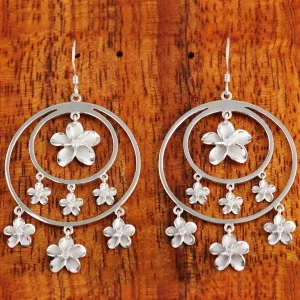 Sterling Silver Rhodium Plated Seven Plumeria with CZ in Double Circle Hook Earrings