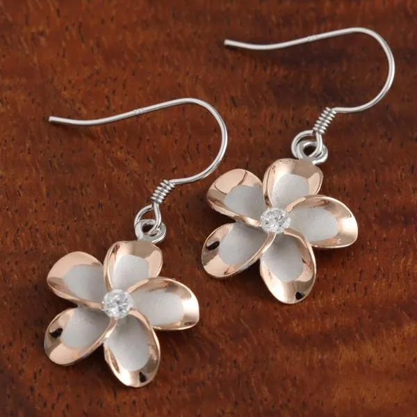 Sterling Silver Rhodium Two Tone Pink Gold Plated Plumeria with CZ Hook Earrings (8-18mm)