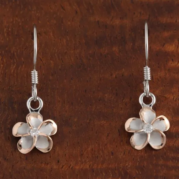 Sterling Silver Rhodium Two Tone Pink Gold Plated Plumeria with CZ Hook Earrings (8-18mm)