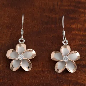 Sterling Silver Rhodium Two Tone Pink Gold Plated Plumeria with CZ Hook Earrings (8-18mm)