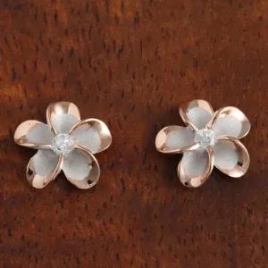 Sterling Silver Rhodium Two Tone Pink Gold Plated Plumeria with CZ Post Earrings (8-18mm)