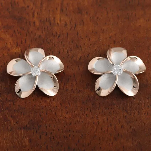 Sterling Silver Rhodium Two Tone Pink Gold Plated Plumeria with CZ Post Earrings (8-18mm)