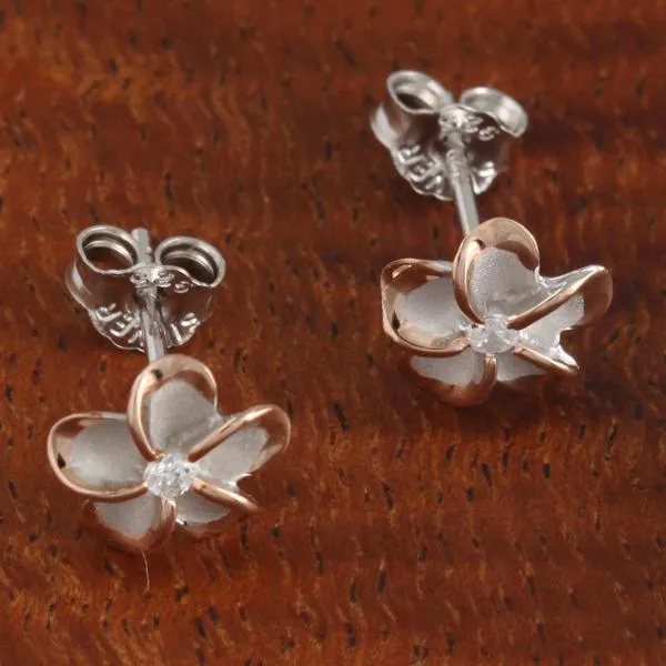 Sterling Silver Rhodium Two Tone Pink Gold Plated Plumeria with CZ Post Earrings (8-18mm)