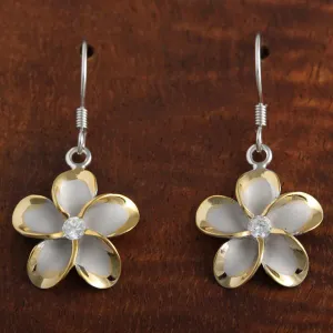 Sterling Silver Rhodium Two Tone Yellow Gold Plated Plumeria with CZ Hook Earrings (8-18mm)