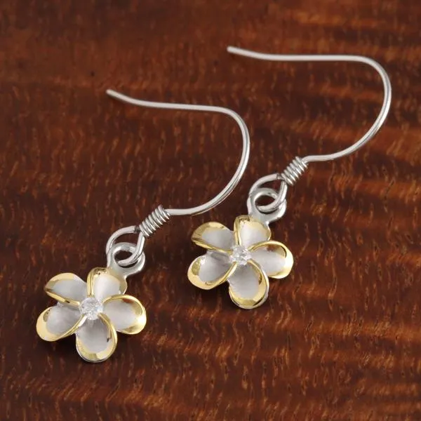 Sterling Silver Rhodium Two Tone Yellow Gold Plated Plumeria with CZ Hook Earrings (8-18mm)