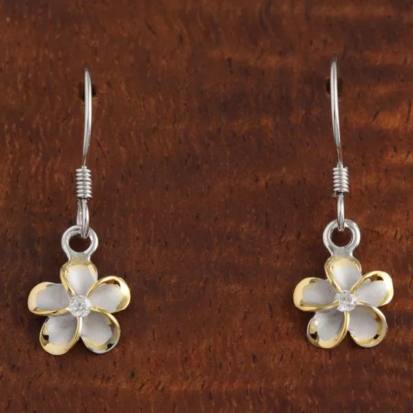Sterling Silver Rhodium Two Tone Yellow Gold Plated Plumeria with CZ Hook Earrings (8-18mm)