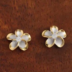 Sterling Silver Rhodium Two Tone Yellow Gold Plated Plumeria with CZ Post Earrings (8-18mm)