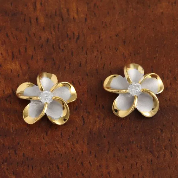 Sterling Silver Rhodium Two Tone Yellow Gold Plated Plumeria with CZ Post Earrings (8-18mm)