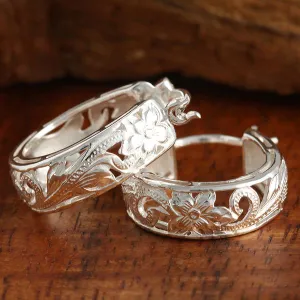 Sterling Silver See Through Hawaiian Scroll Round Hinged Back Earrings
