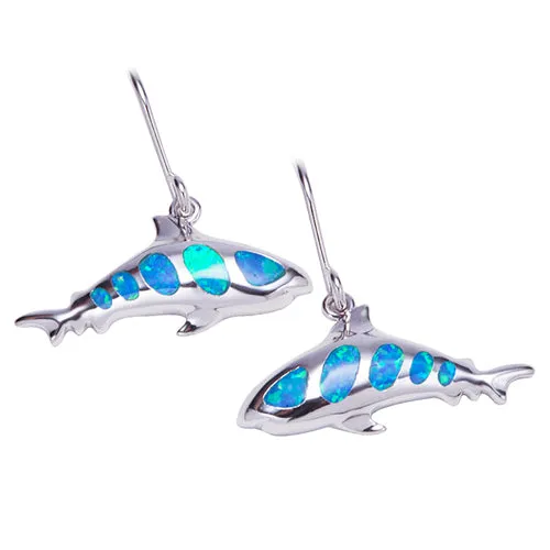 Sterling Silver Shark with Opal Inlay Hook Earrings