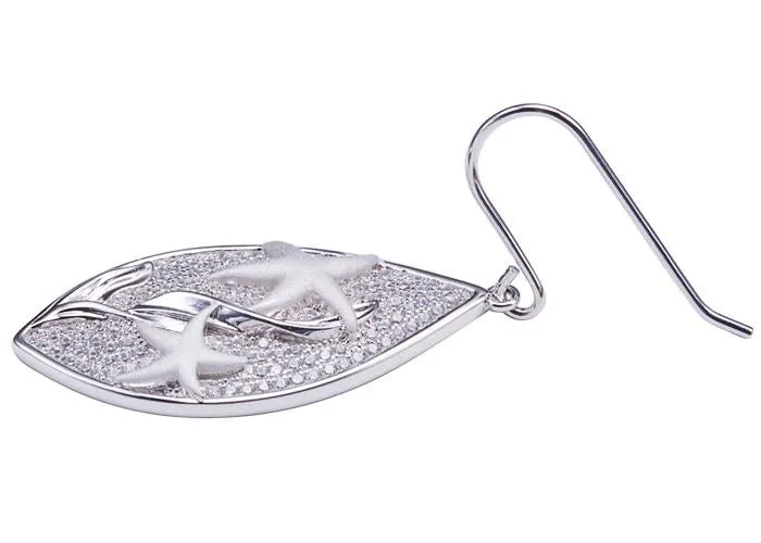 Sterling Silver Starfish in Leaf Pave CZ Hook Earrings