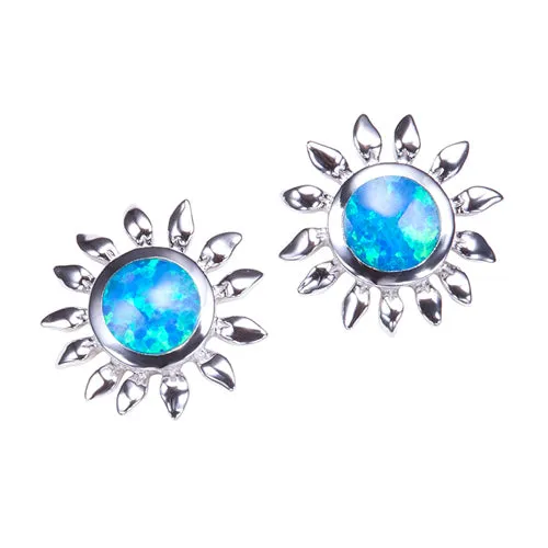 Sterling Silver Sunflower with Opal Inlay Post Earrings