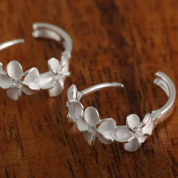 Sterling Silver Three 6mm Plumeria with CZ Hoop Earrings