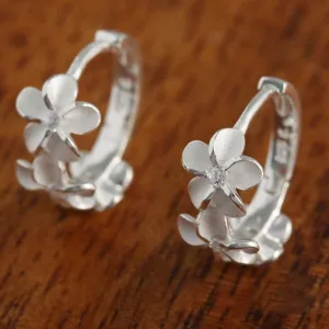 Sterling Silver Three 6mm Plumeria with CZ Hoop Earrings