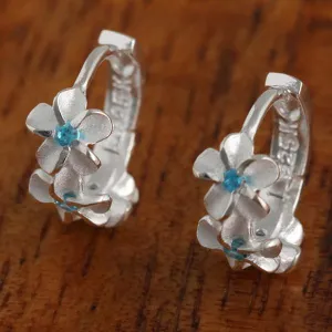 Sterling Silver Three Plumeria with Blue CZ Hoop Earrings