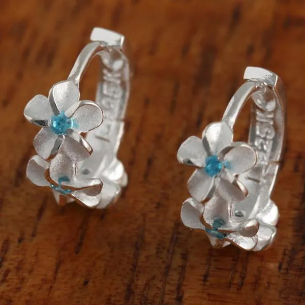 Sterling Silver Three Plumeria with Blue CZ Hoop Earrings